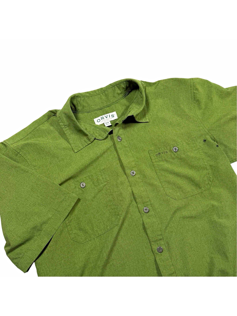 Orvis Men’s Medium Green Short Sleeve Solid Woven Polyester Button-Up Shirt